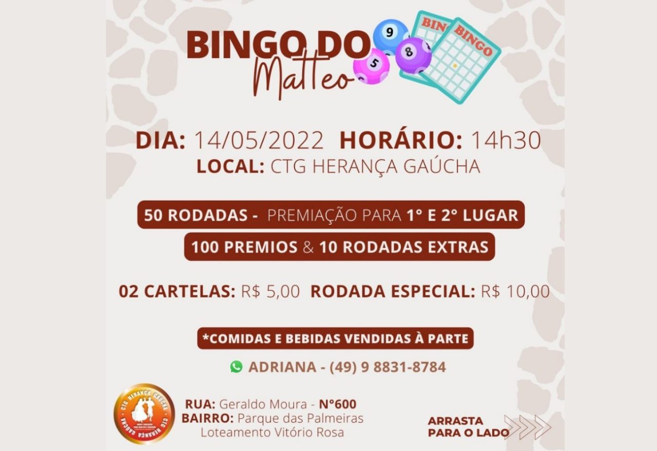 Campanha #ameomatteo promove bingo neste fim de semana em Chapecó