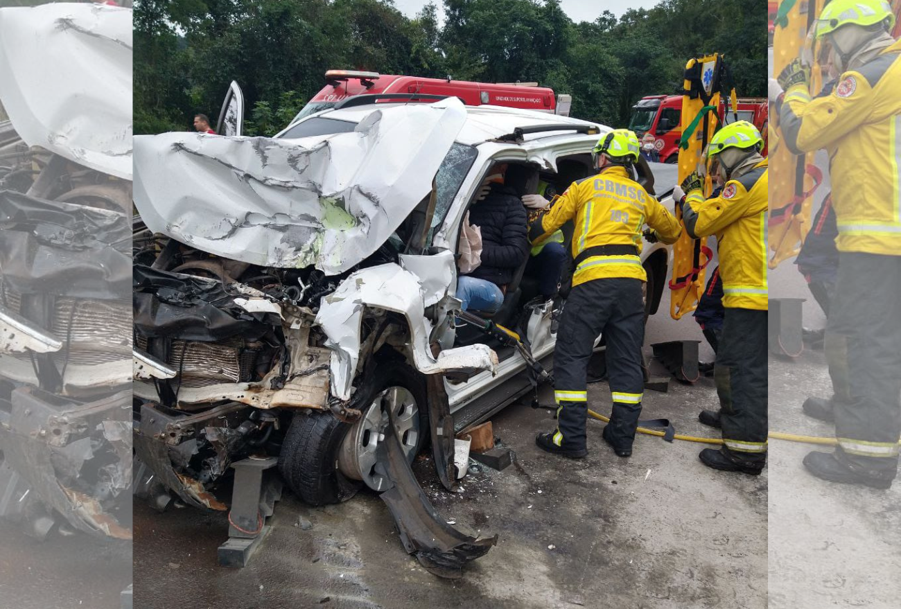 Grave acidente deixa homem encarcerado em caminhonete, na divisa do RS com Chapecó