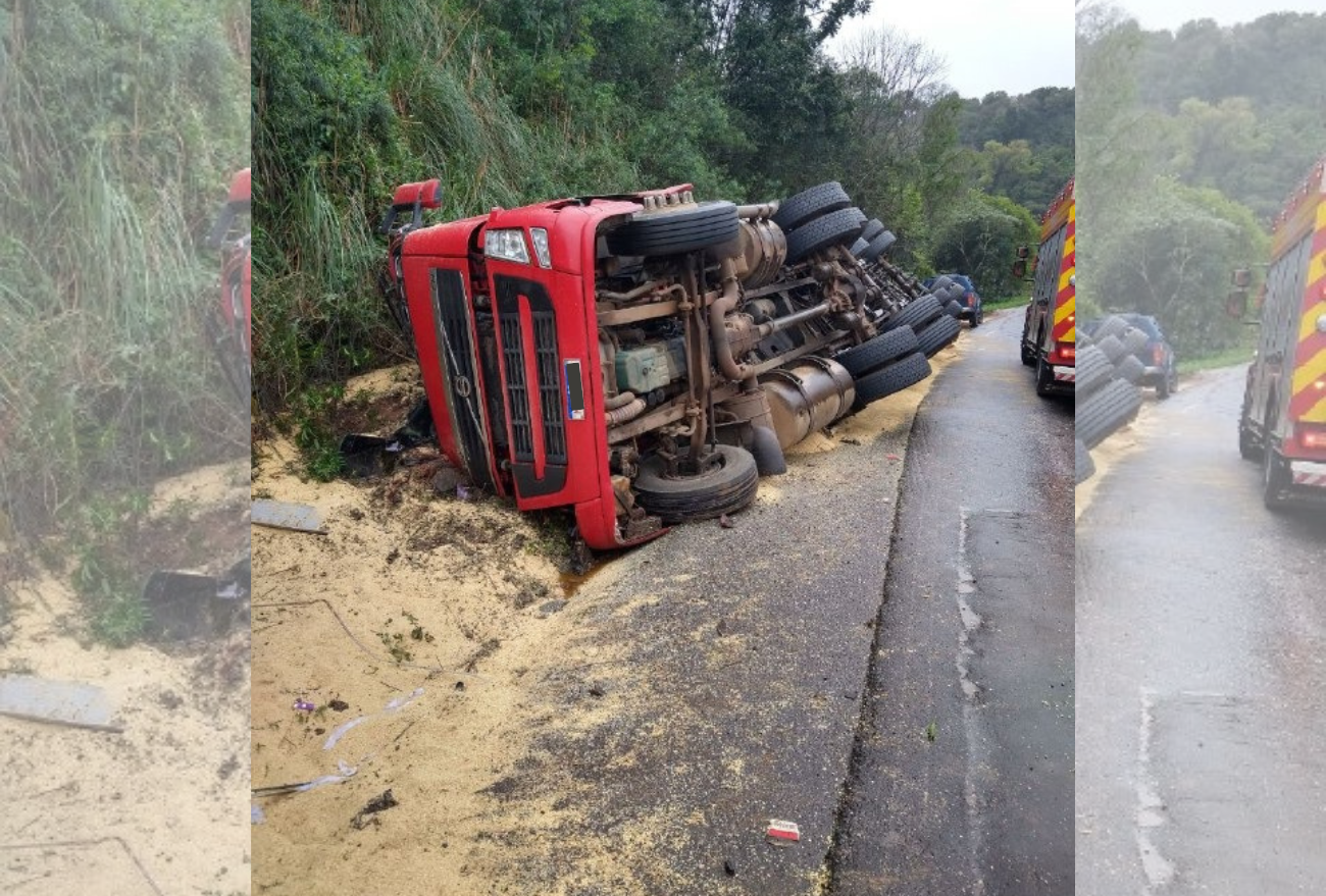 Carreta com placas de Xanxerê tomba após sair de pista