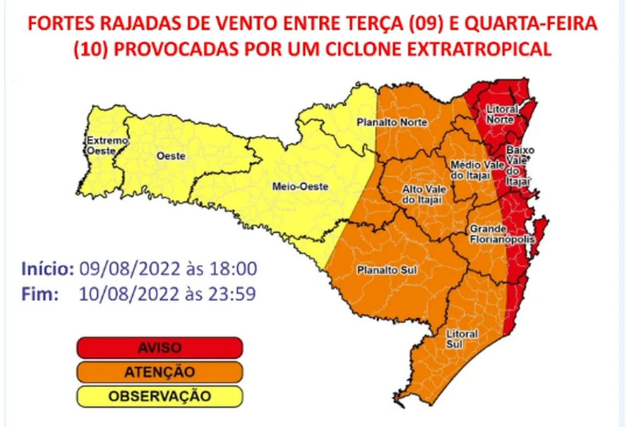 Defesa Civil alerta para fortes rajadas de vento após formação de um ciclone extratropical na região