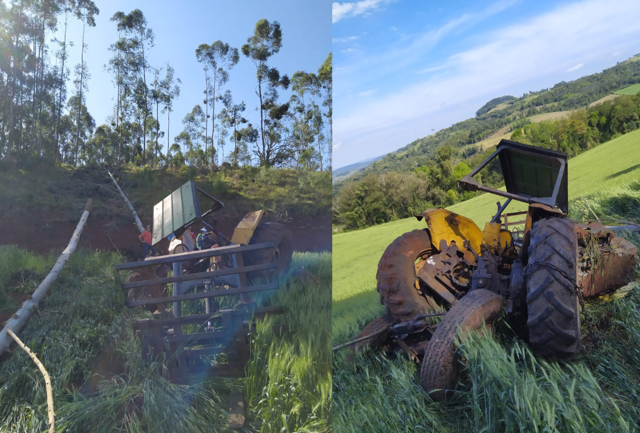 Agricultor fica ferido após trator cair em ribanceira de cerca de 20 metros