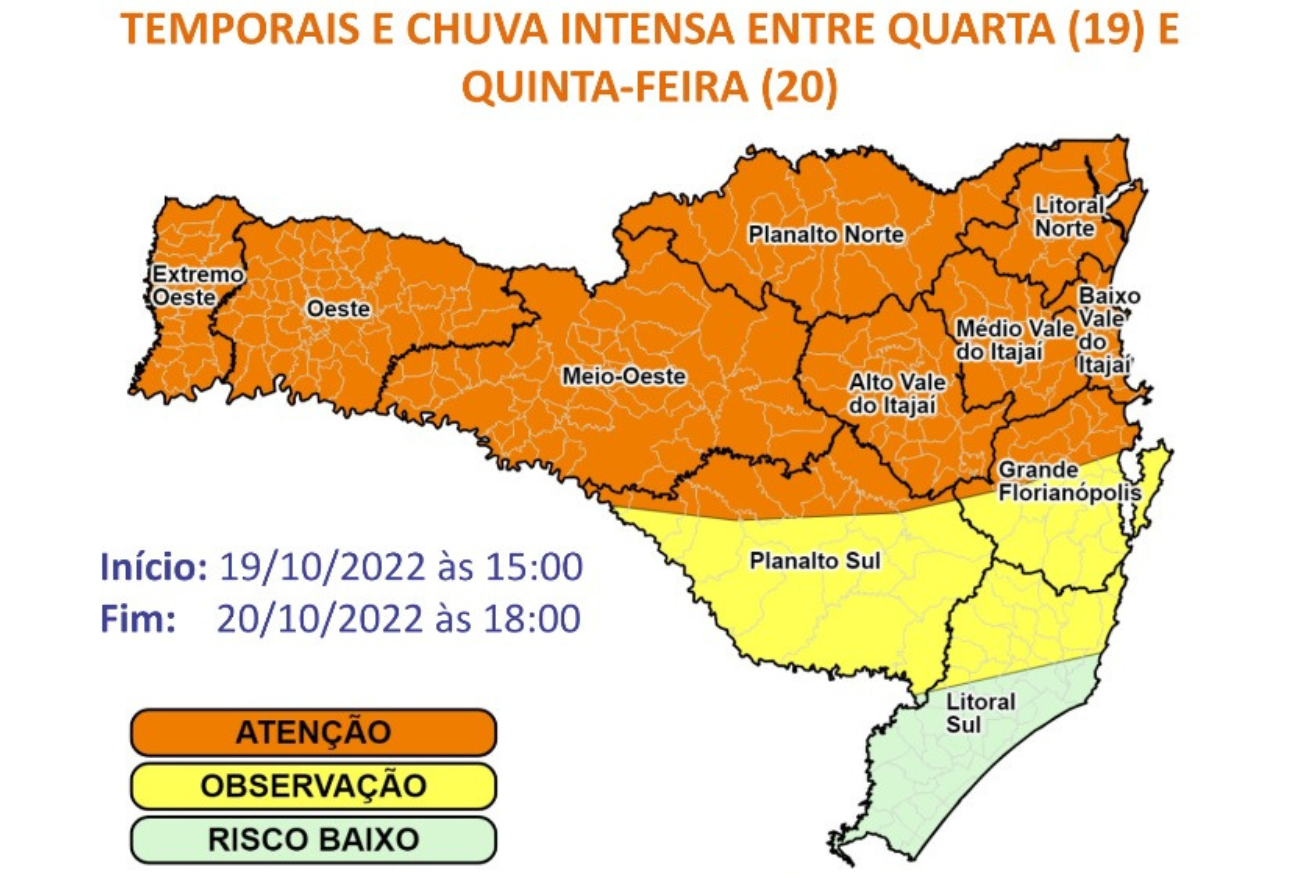 Defesa Civil emite alerta para temporais e chuva intensa nesta quarta (19) e quinta-feira (20)