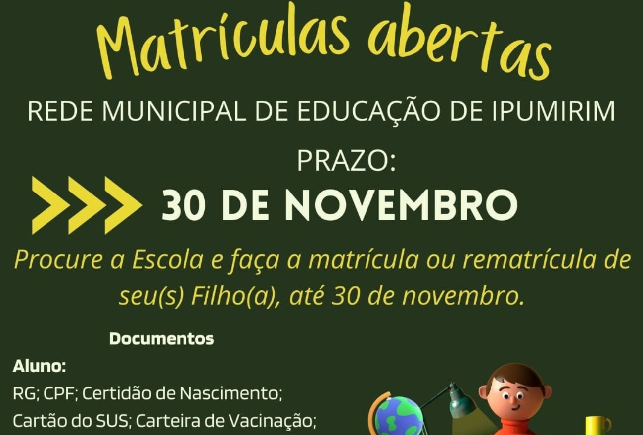 Últimos dias para matrículas e rematrículas da Rede Municipal de Ensino de Ipumirim