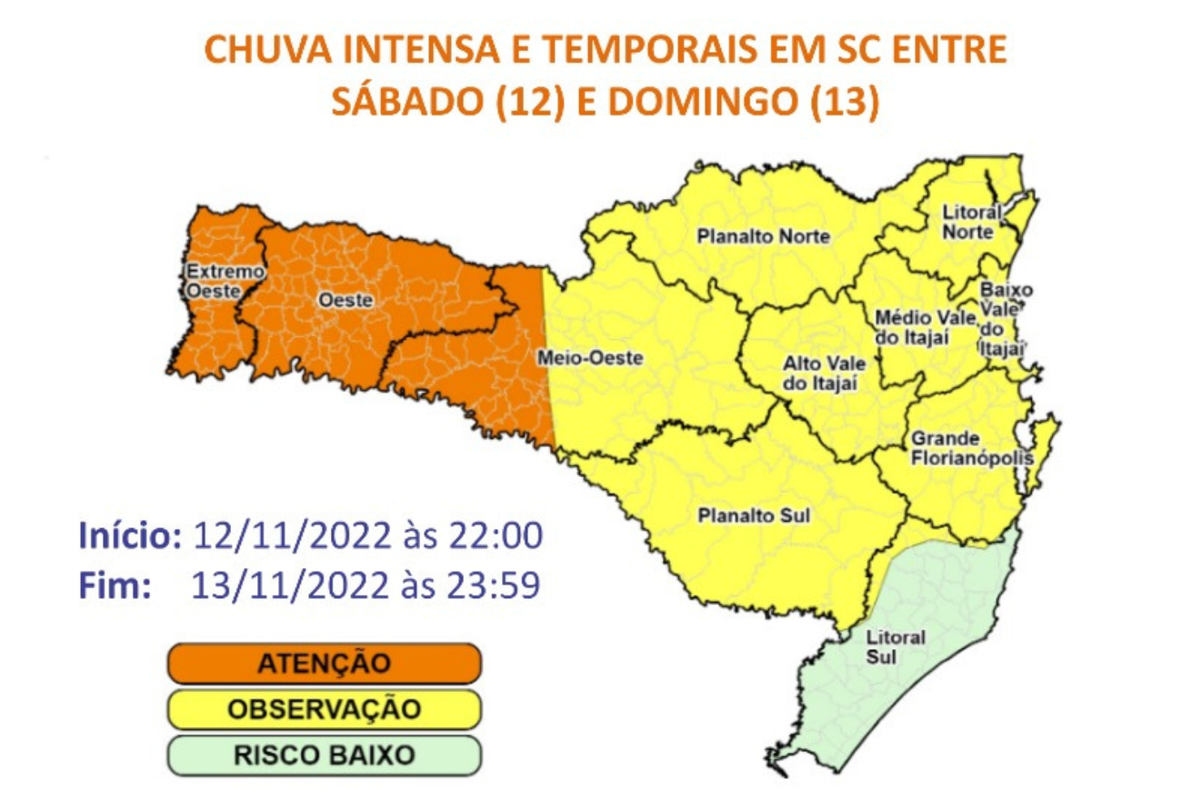 Defesa Civil emite alerta para chuva intensa e temporais entre o sábado (12) e domingo (13)