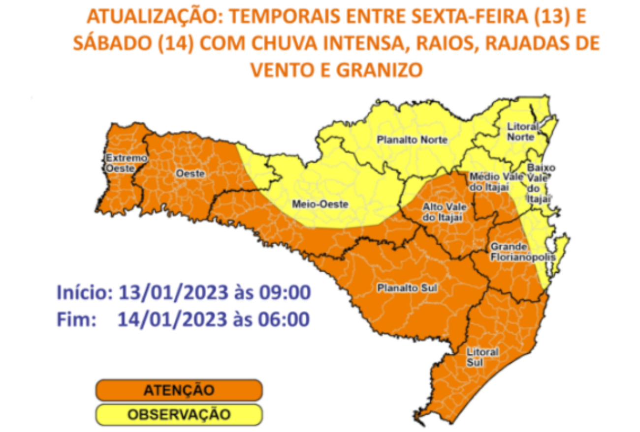 Defesa Civil de SC emite alerta para temporais com chuva intensa e risco de granizo