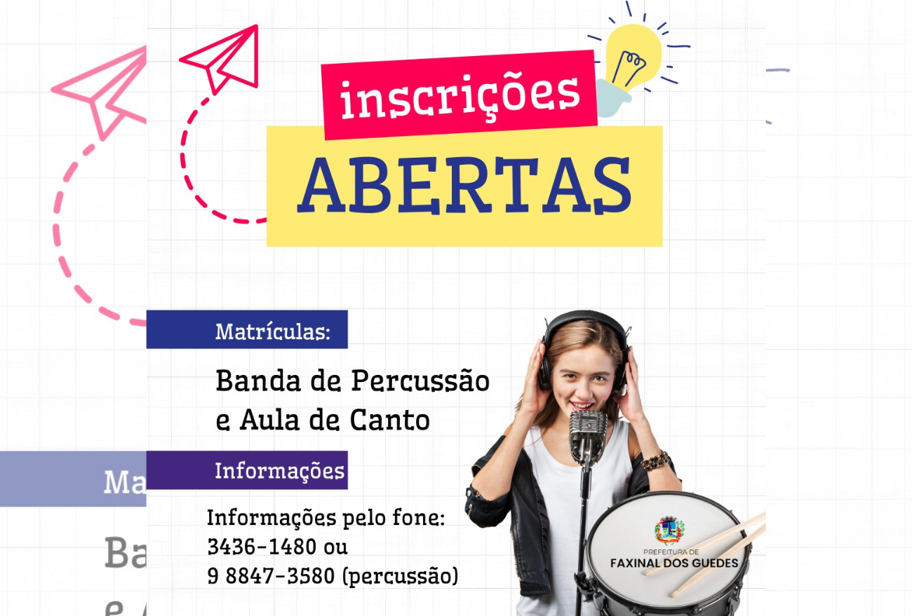 Secretaria de Cultura de Faxinal dos Guedes abre inscrições para aulas de canto e banda de percussão