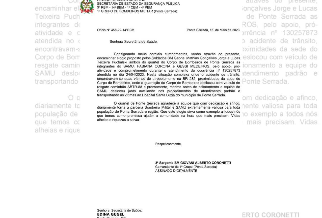 Saúde Municipal de Ponte Serrada  recebe carta de agradecimento destacando esforço e dedicação dos profissionais