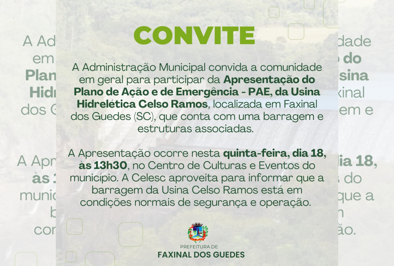 Prefeitura emite convite para apresentação do plano de ação e emergência, em Faxinal dos Guedes