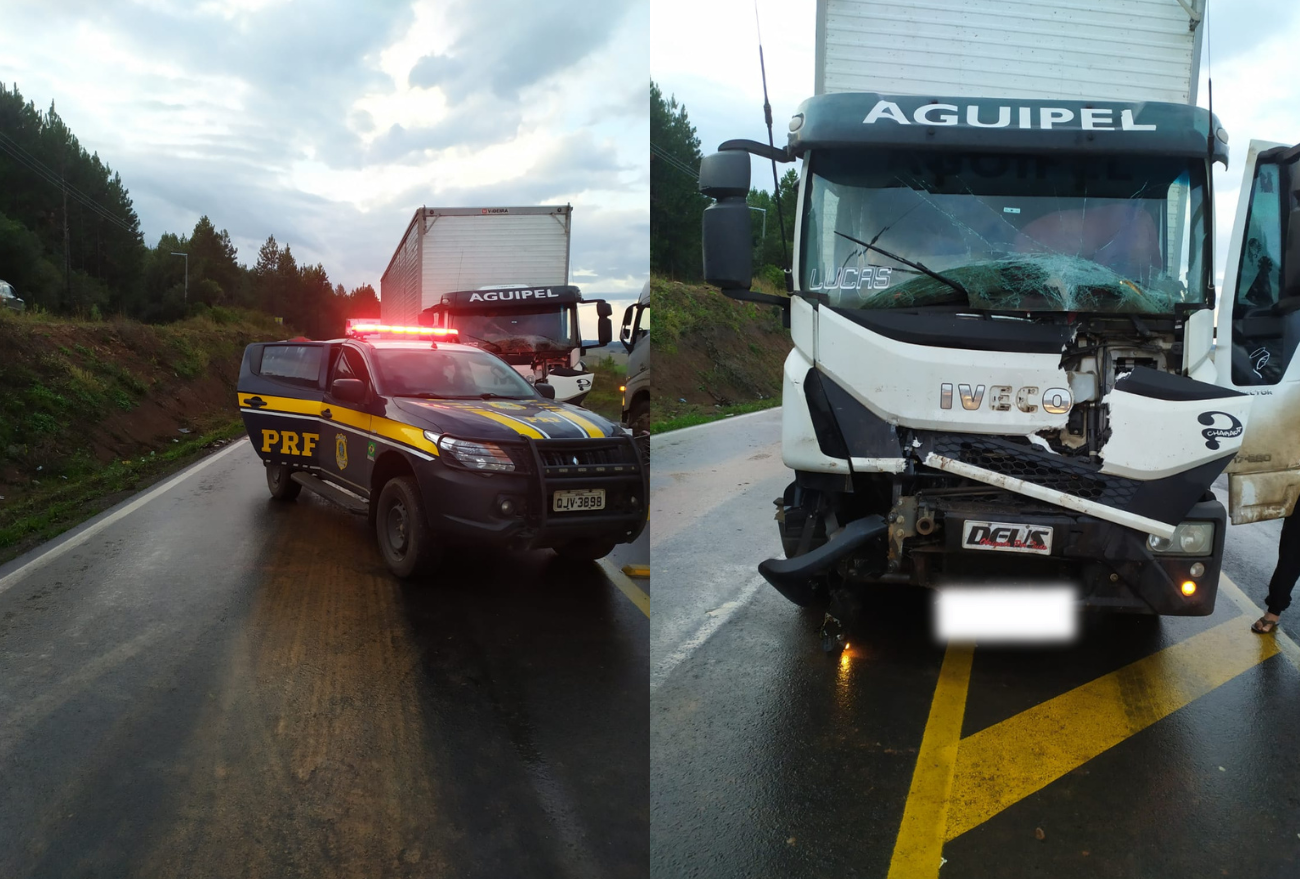 Colisão traseira envolvendo dois caminhões , em Ponte Serrada