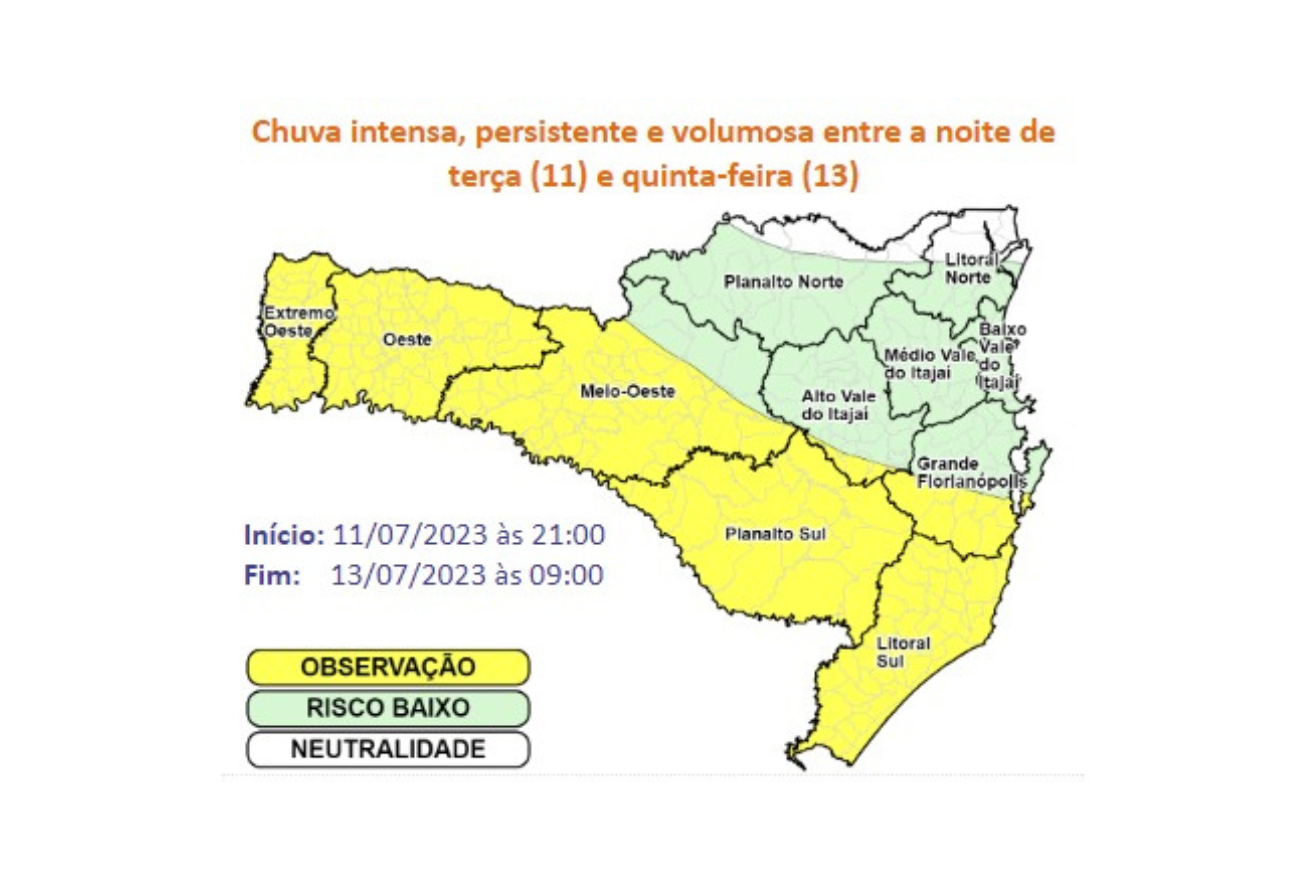 Santa Catarina terá grande volume de chuva nesta semana, alerta Defesa Civil