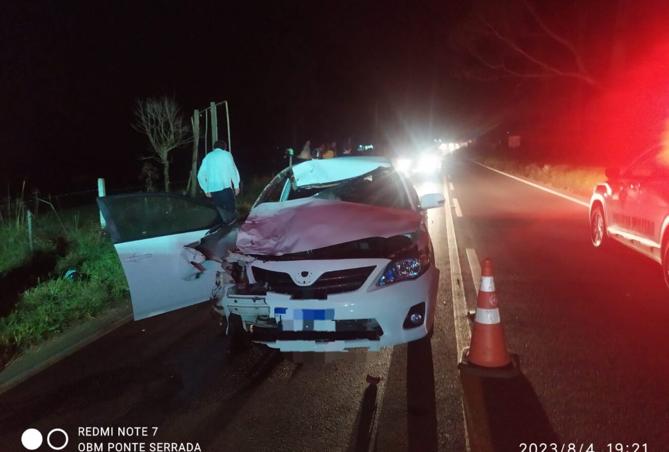 Mulher fica ferida após veículo colidir com cavalo, em Ponte Serrada